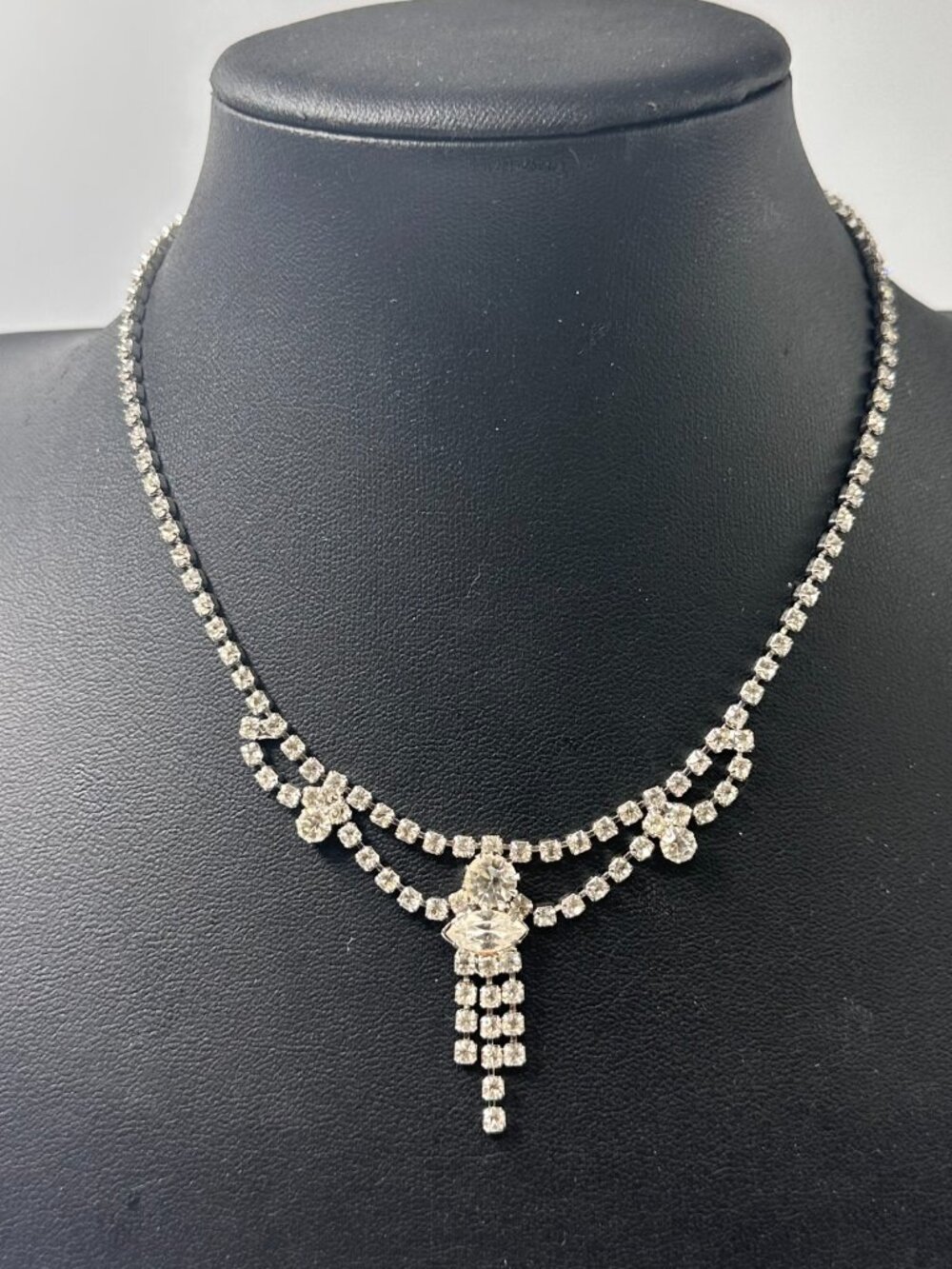 3/$30 Vintage Rhinestone Necklace Clear Crystal Silver Tone Draped Dangle
